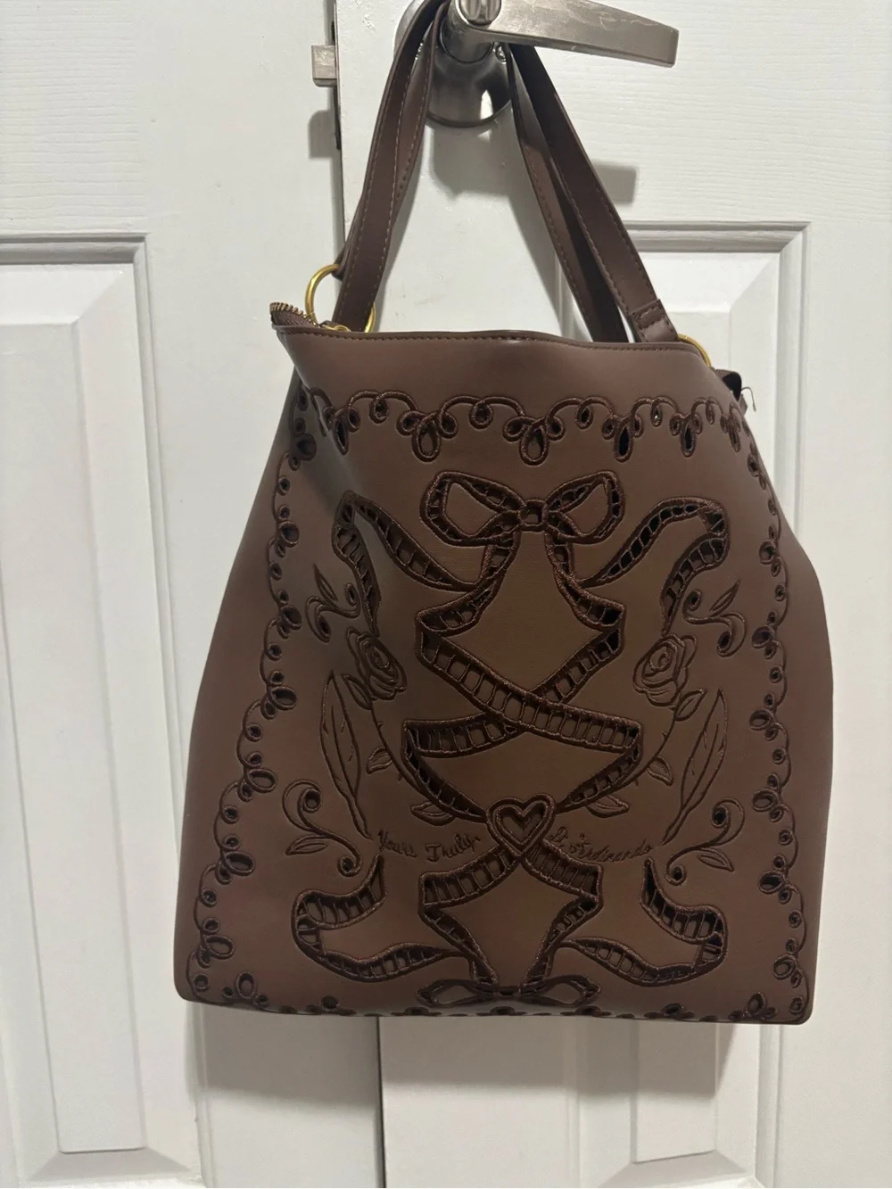 Embroidered Ribbon Detail Brown Tote Backpack
